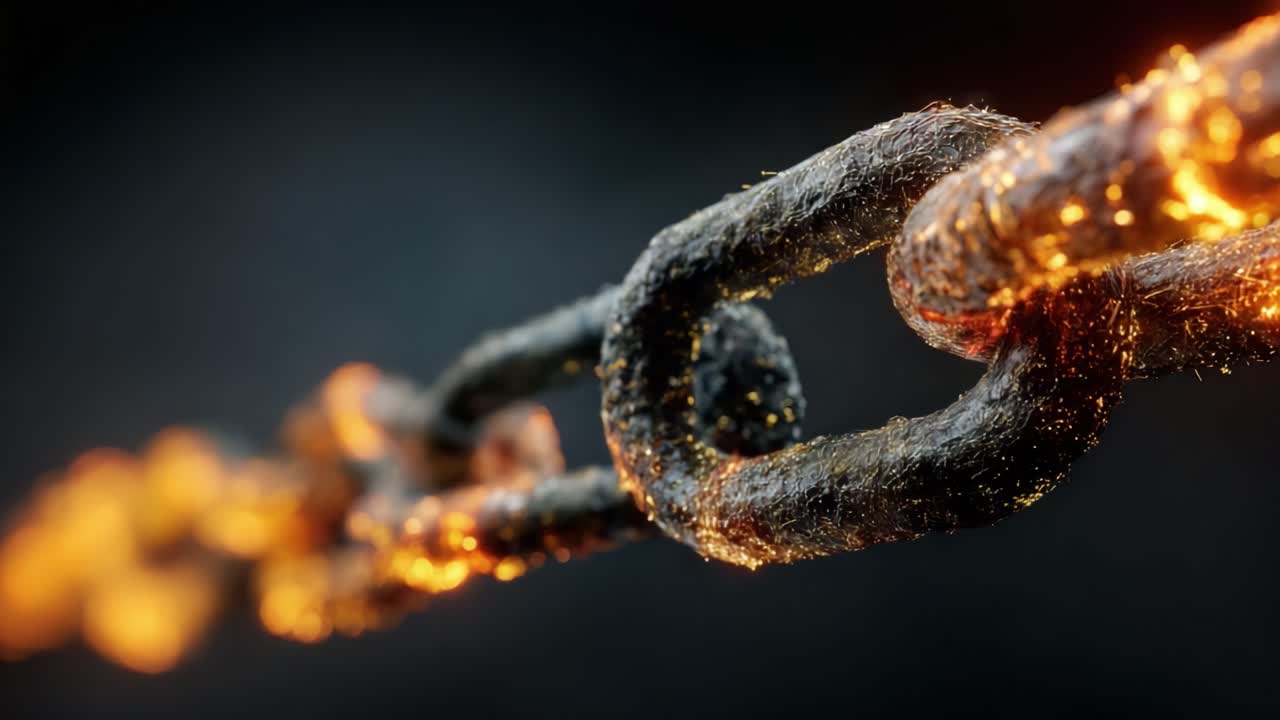 A Glowing Chain Link Illuminated by Sparks in a Dark Background, Showcasing the Beauty and Strength of Metal Components in a Striking Macro Perspective