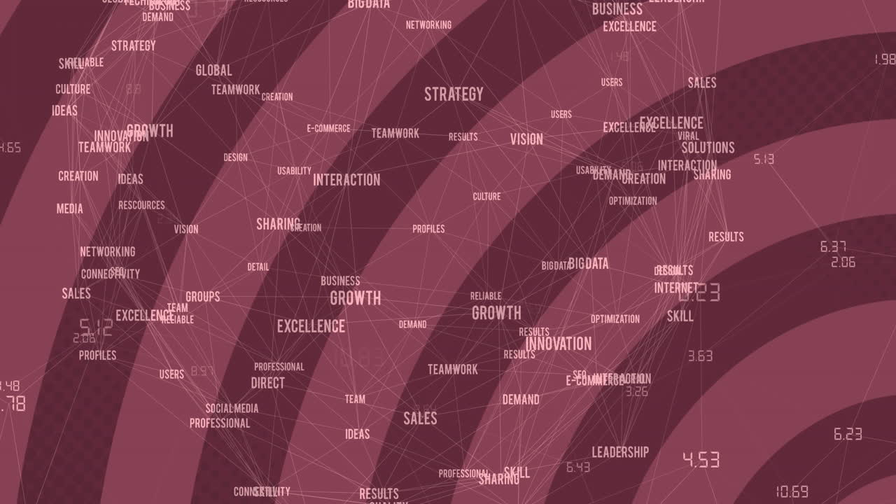 Animation of business text with network of connections with red stripes in background