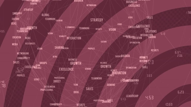 Animation of business text with network of connections with red stripes in background