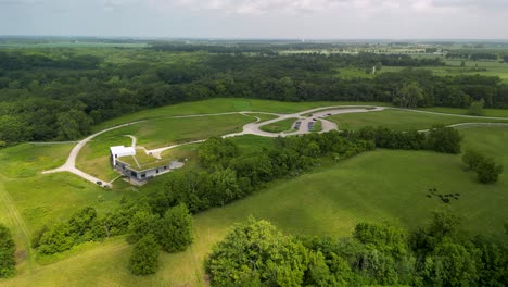 Aerial-view-of-nature-center-at-Battelle-Darby-Creek-Metro-Park,-Ohio