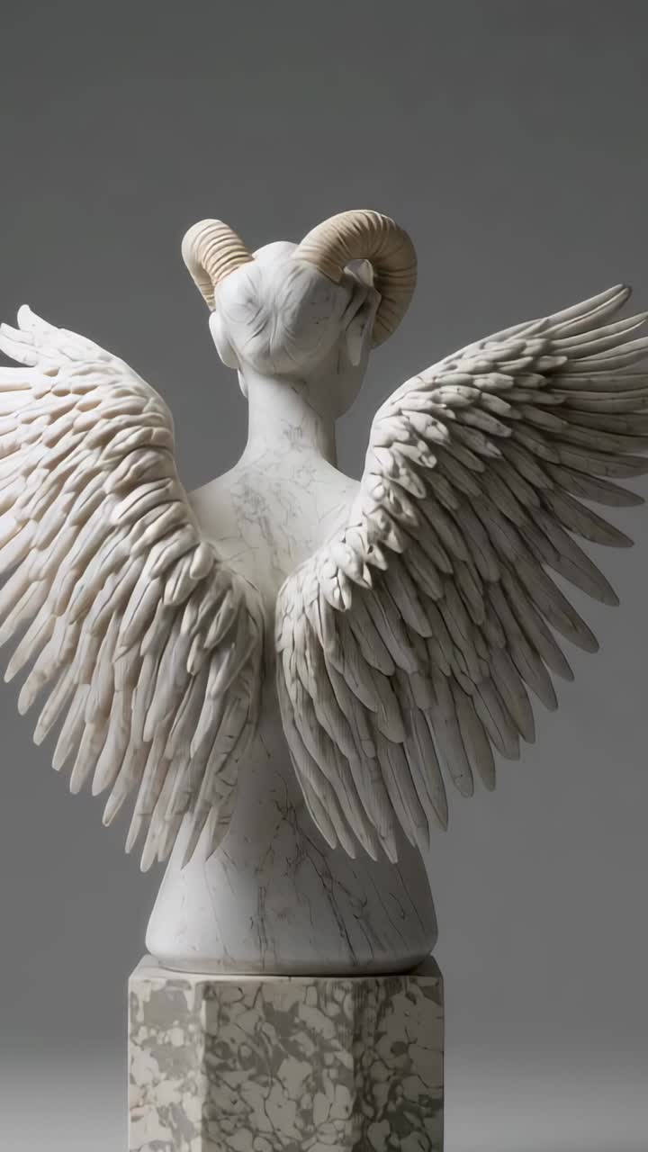 Vertical video: Sliding camera forward and right in studio, focusing on marble bust horns and wings