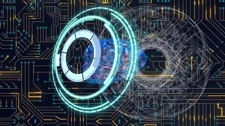 Animation von weißen Kreisen und Abtastung über einer Computerplatine auf schwarzem Hintergrund