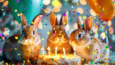 tres conejos sentados al lado de un pastel de cumpleaños con velas y confeti