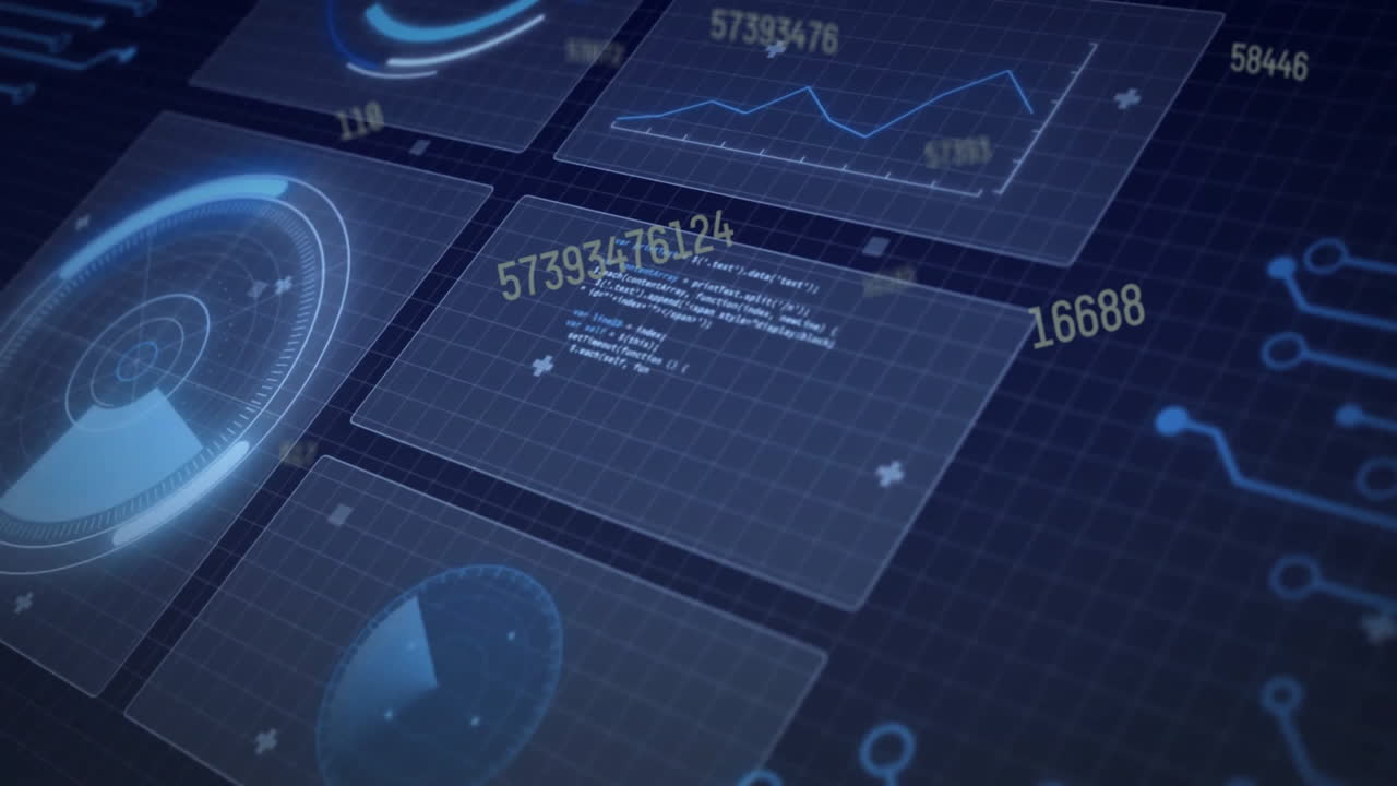 Animation of data processing with scope scanning on black background