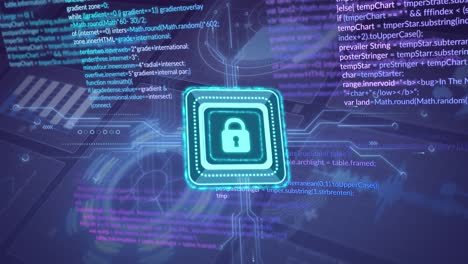 Animation-of-padlock,-circuit-board,-data-processing-over-statistics