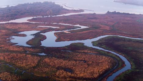 Vista-Panorámica-Aérea-Sobre-El-Paisaje-Del-Delta-Del-Río-En-Los-Países-Bajos,-Europa