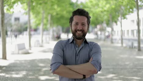 Handsome-bearded-man-smiling-at-camera-outdoor