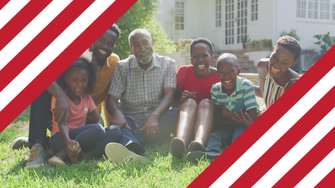 Animazione della bandiera americana su famiglia sorridente seduta in giardino