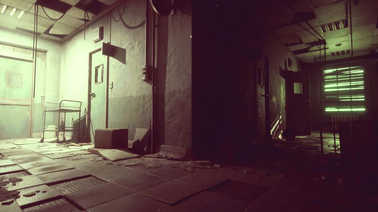 Abandoned corridor with dim lighting and scattered debris in an old building