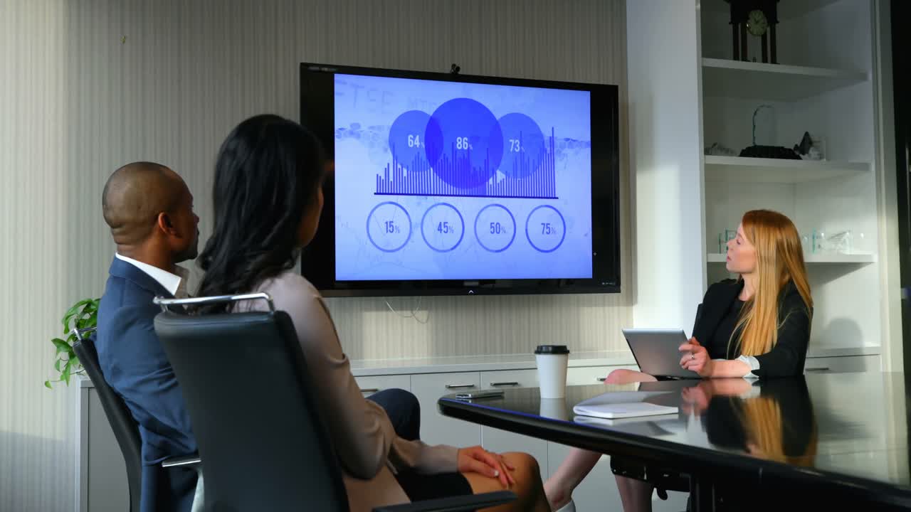 Business people discussing over graph in conference room at office 4k