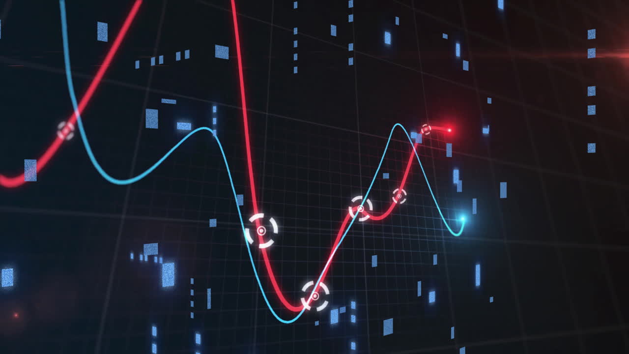Red and blue fluctuating lines with data points over digital grid animation