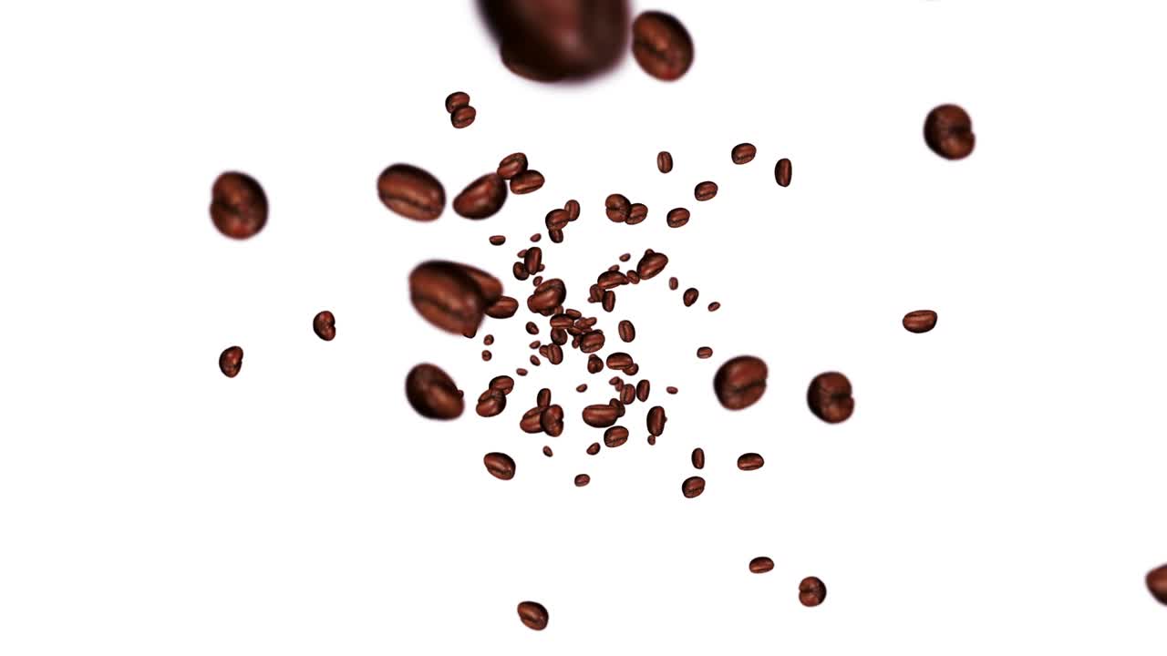 Molti chicchi di caffè che volano su sfondo bianco. Bevanda alla caffeina, Colazione, Aroma. Animazione 3D di chicchi di caffè tostati che ruotano. Animazione in loop