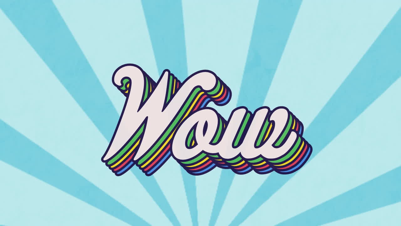 파란 바탕에 원활한 패턴으로 방사선에 대한 와우 텍스트 배너의 애니메이션