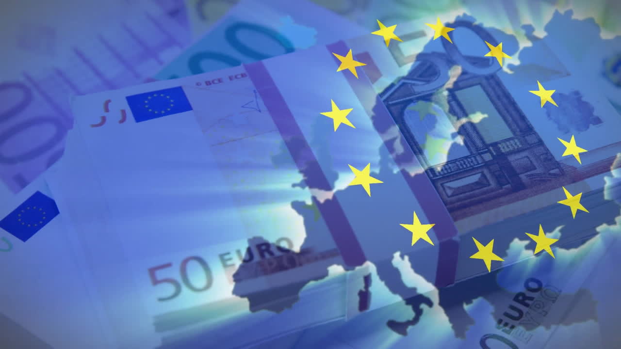 European Union stars forming animation over euro banknotes and Europe map