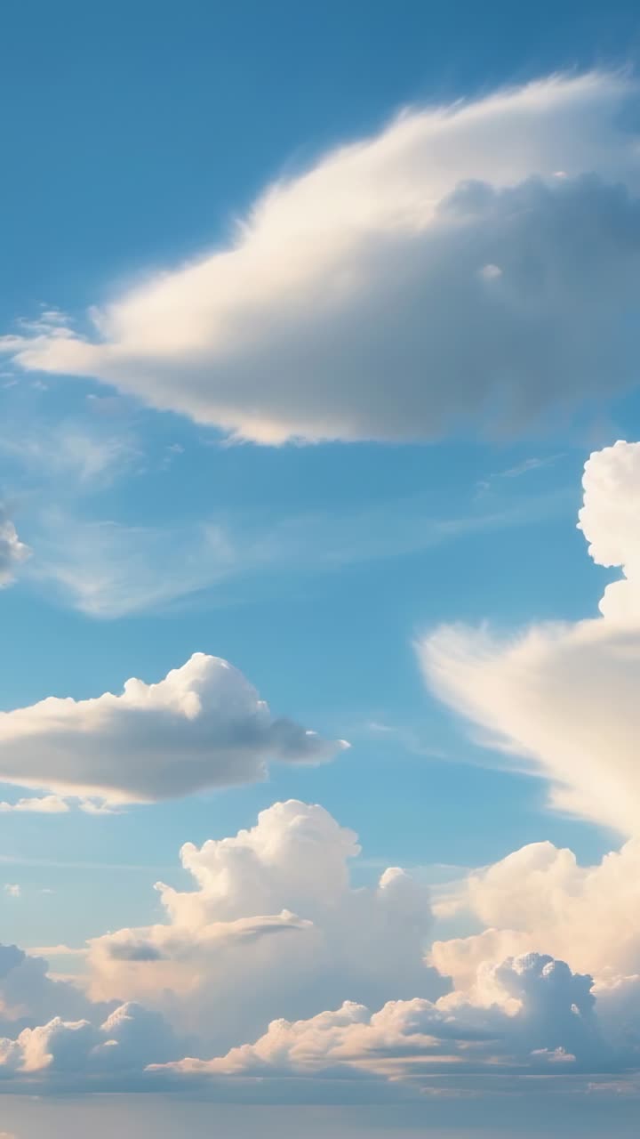 Vertical video: White cumulus clouds drifting in bright blue sky, gentle air currents carrying them