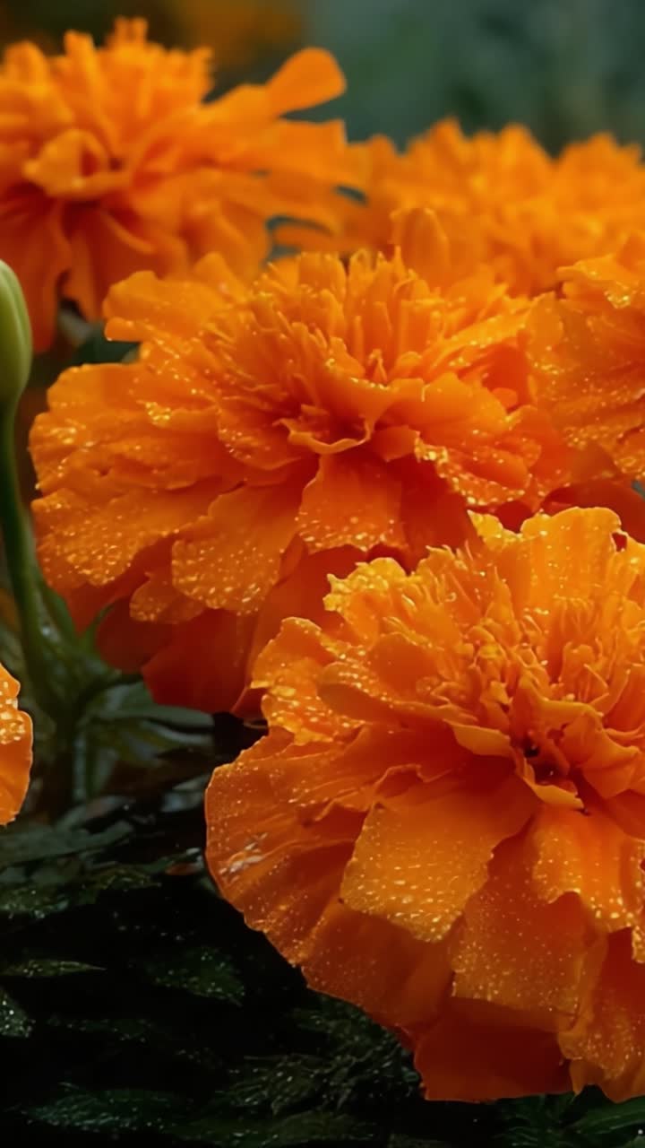 Una splendida esposizione di calendule arancioni vivaci circondate da una vegetazione lussureggiante, catturate con magnifici dettagli e gocce di rugiada che ne esaltano l'attrattiva visiva.