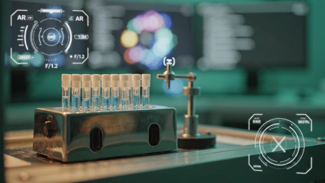 Advanced Laboratory Displaying Test Tubes with AR Technology in a High-Tech Scientific Environment focused on Experimentation and Analysis