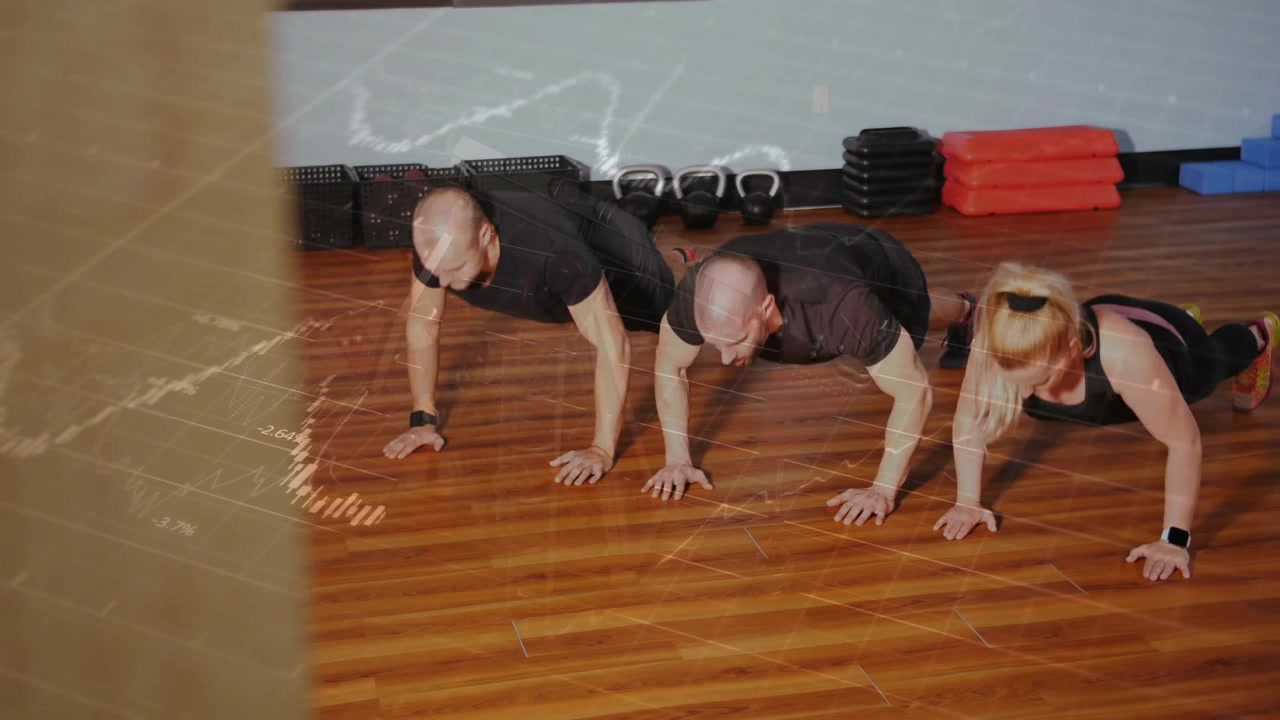 Gym trio starting on cue doing push-ups raising to plank lowering fitness steps left overlay