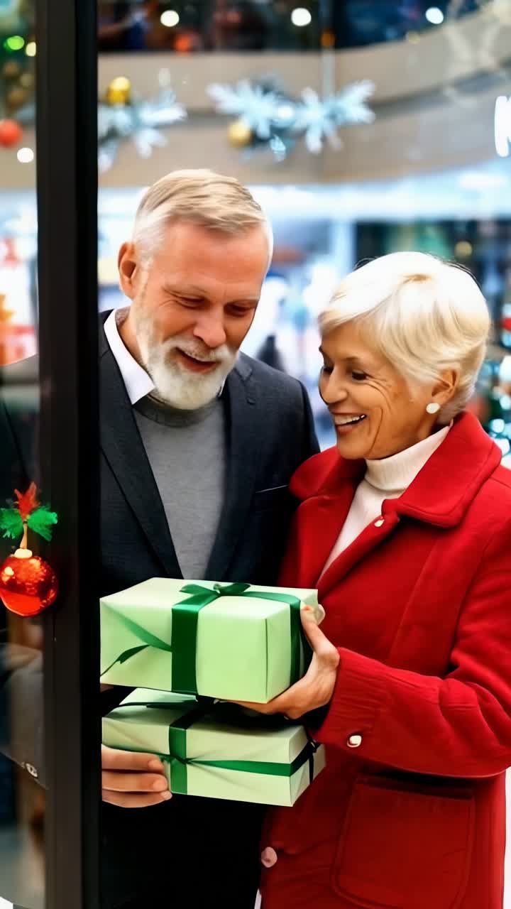 A senior couple are looking at a Christmas gifts in a store at shopping mall