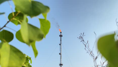 llamarada de gas de la refinería de petróleo ardiendo fuego vertiendo humo negro grueso en el cielo azul desde la chimenea