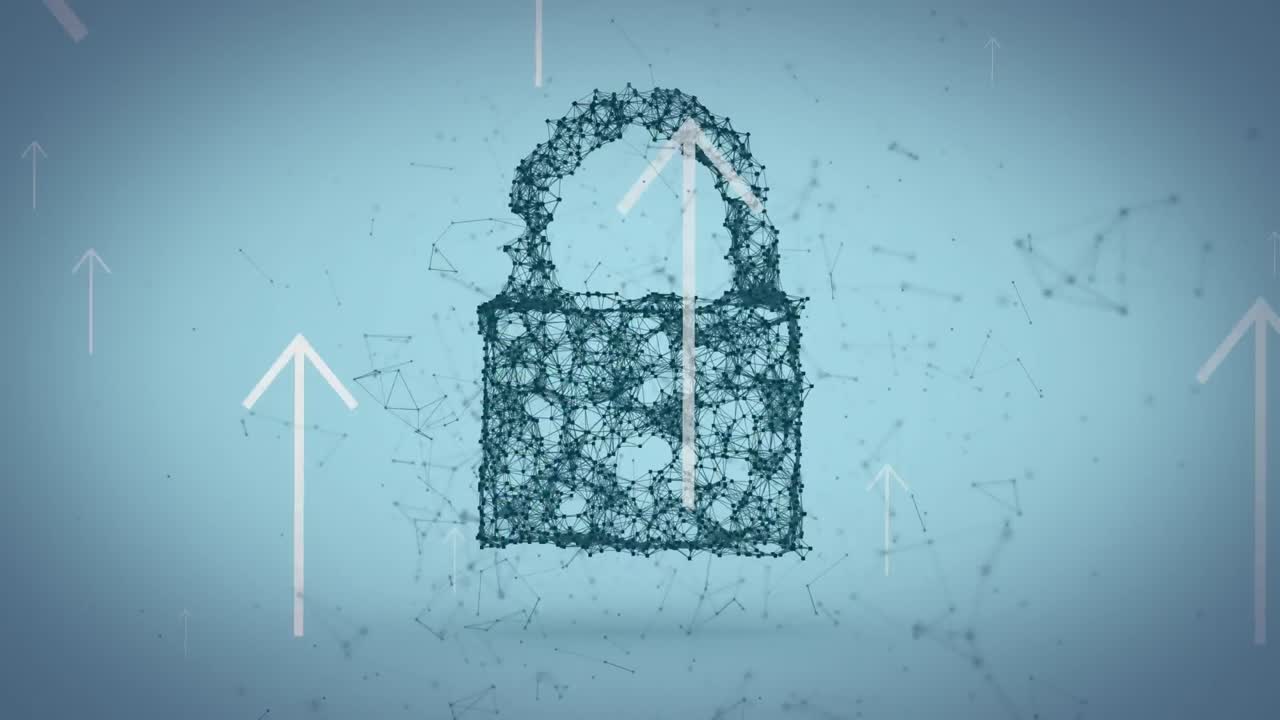 animación de un candado de seguridad en línea y flechas blancas sobre fondo azul