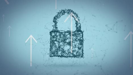 animación de un candado de seguridad en línea y flechas blancas sobre fondo azul