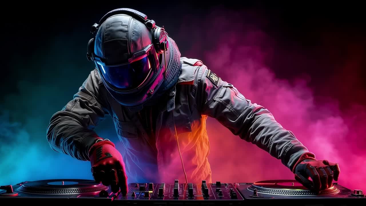 A man in a space suit playing a dj set on a turntable