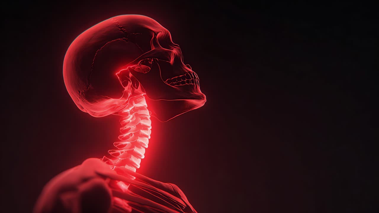 Studio anatomico di uno scheletro umano radioso con enfasi sulla colonna vertebrale cervicale e sulla struttura del cranio, che cattura il bagliore etereo dell'osso in un ambiente scuro.
