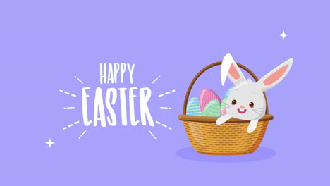 feliz tarjeta animada de pascua con conejo en la canasta y huevos pintados