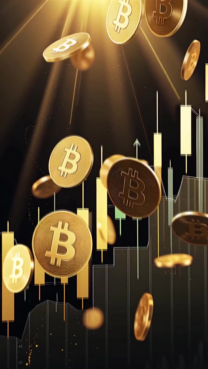 Monete Bitcoin dorate con sfondo sfocato di grafico a candele 4K.