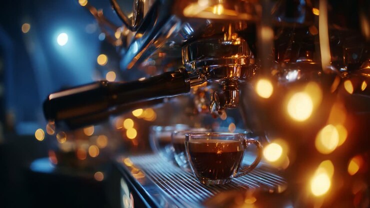 Processo di preparazione di un ricco espresso catturato con luci calde che esaltano l'esperienza del caffè, evidenziando l'arte e la precisione delle abilità del barista in azione