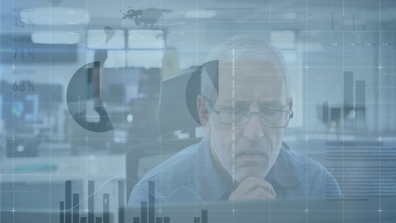 animación de estadísticas sobre el hombre preocupado que trabaja en una oficina