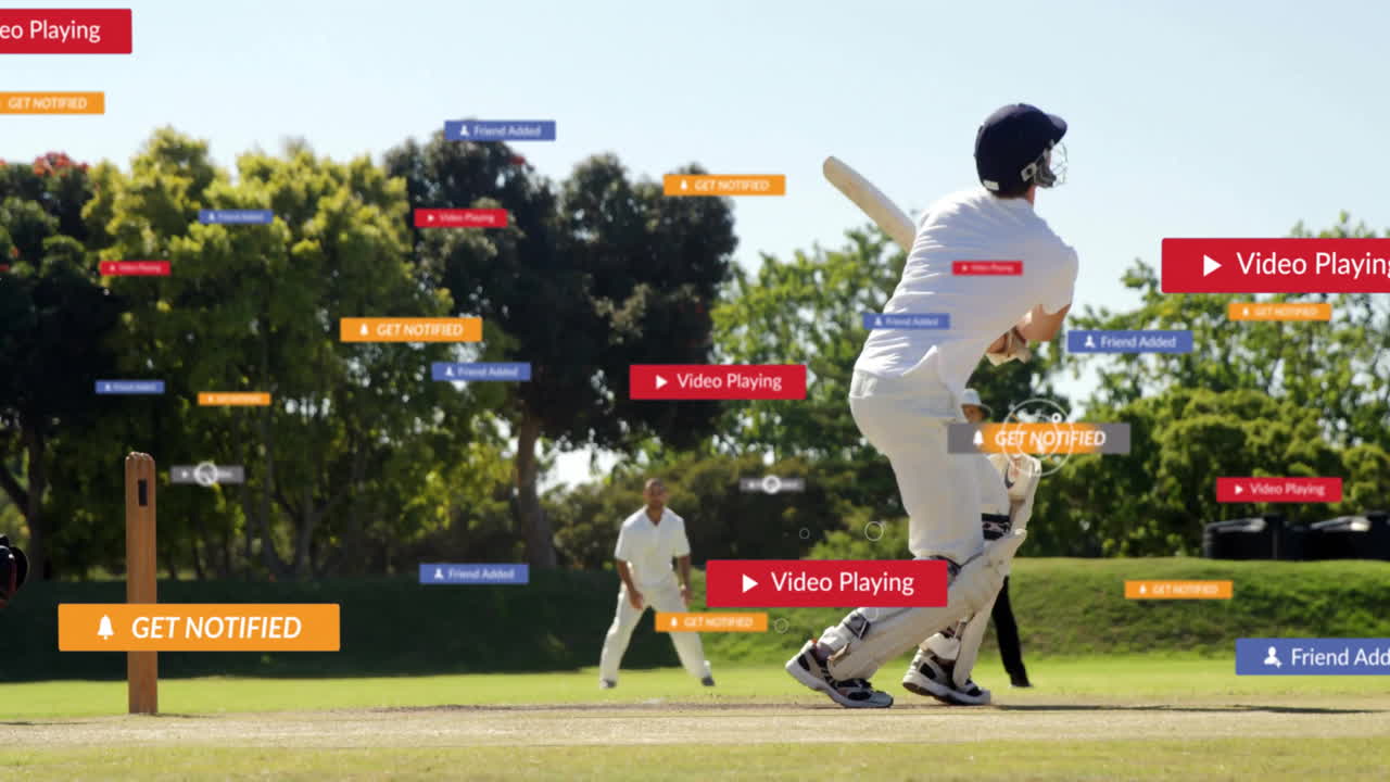 On field, cricket players surrounded by animated social media notifications and videos