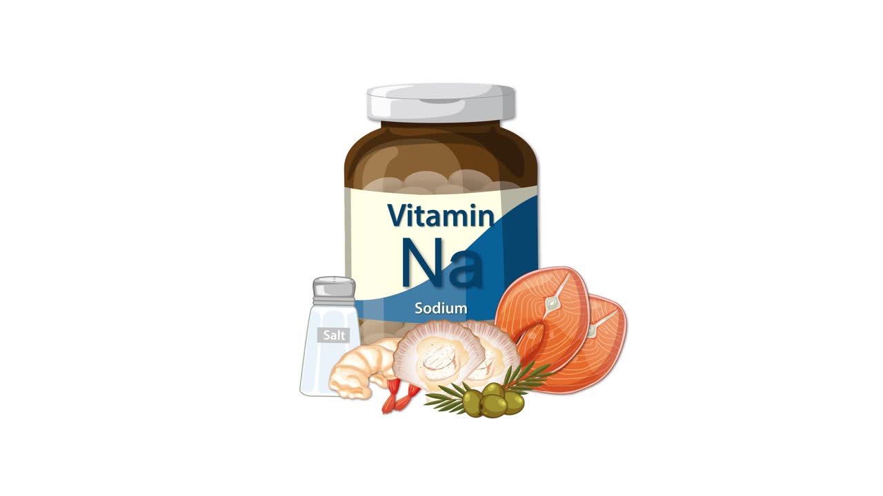 Sodium supplement bottle with salt shaker, onion, garlic, and herbs animates into a complete composition