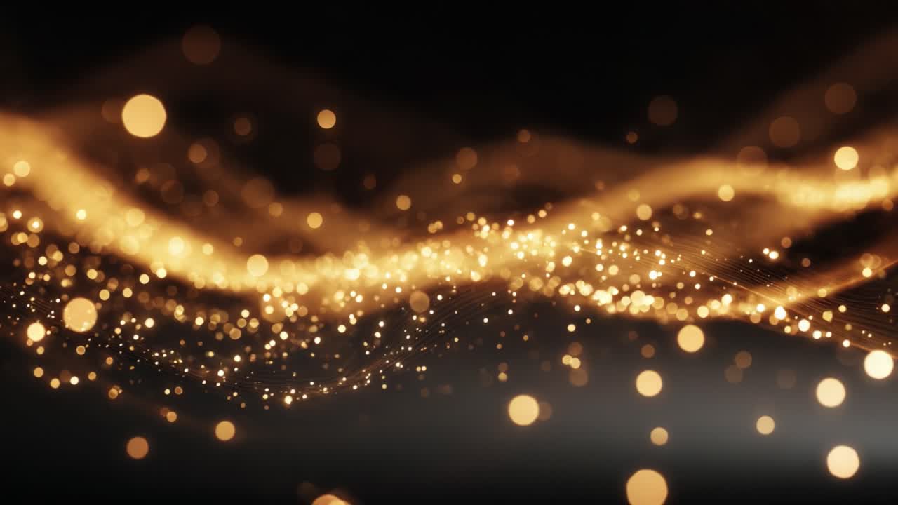 A mesmerizing dance of shimmering golden particles gracefully flowing in waves against a dark backdrop, creating a surreal and captivating visual experience