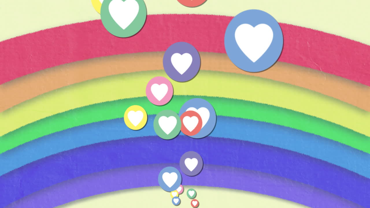 animación de los iconos del corazón de las redes sociales en el fondo del arco iris