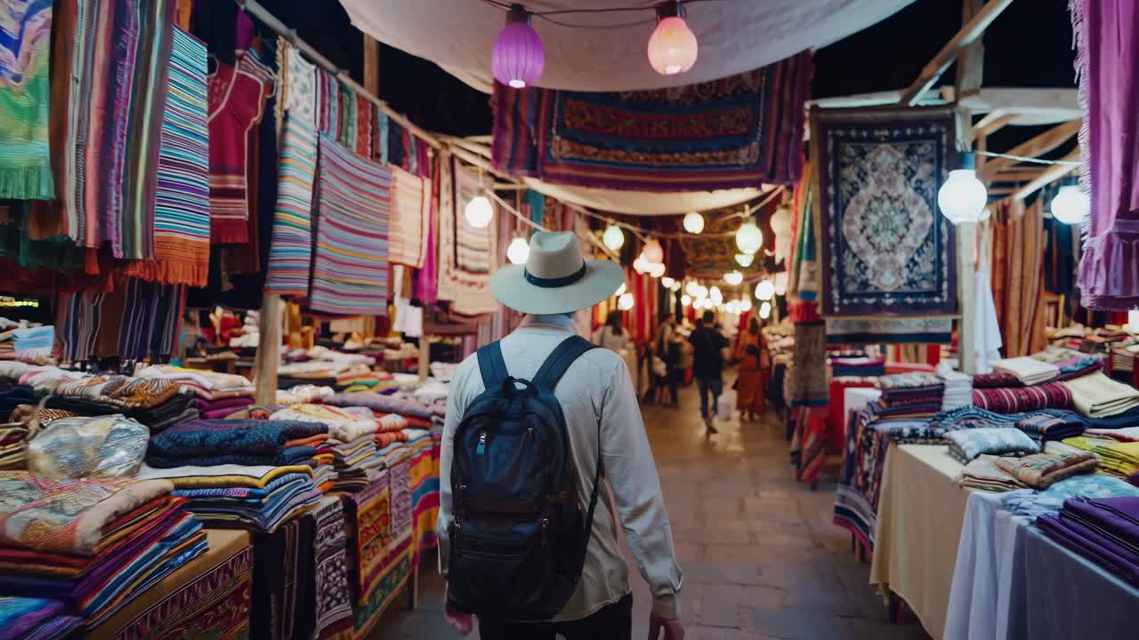 Un viajero con mochila explora un mercado vibrante. El video captura una vista trasera