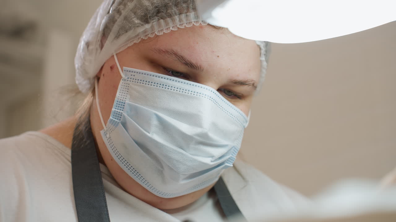 Focused view of nail technician wearing face mask and disposable cap while holding electric filer, performing foot care under bright salon light, showcasing safety and professionalism