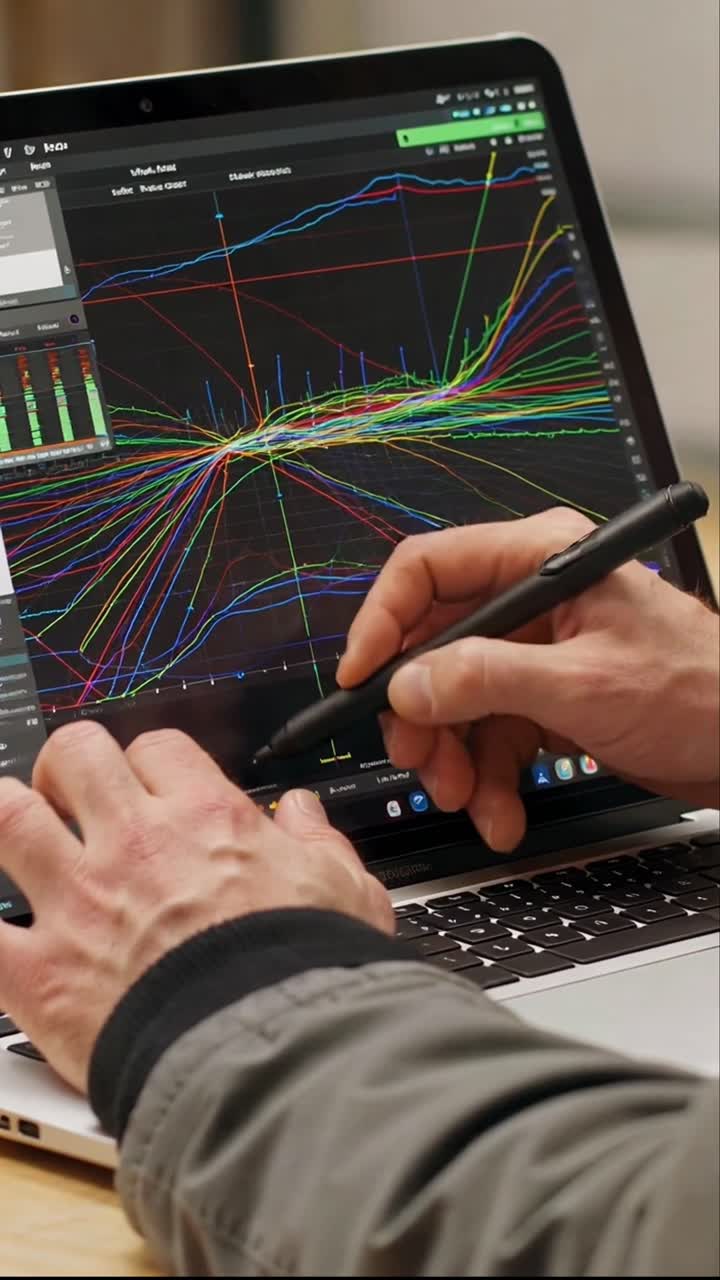 Data Analyst Using a Stylus on a Laptop with Financial Charts