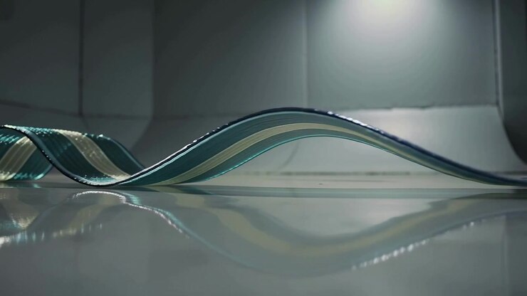 Oscillating teal and pale gold ribbon initiating left motion, moving waves along shiny table mirror