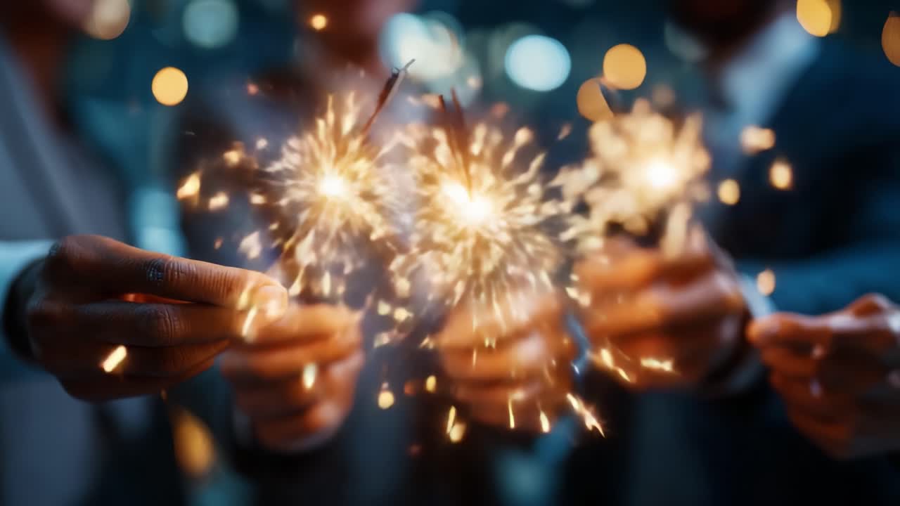 Celebrazione illuminata: un gruppo di persone che condividono gioia e unione mentre tengono in mano scintillanti fuochi d'artificio, creando un'atmosfera festosa piena di risate e luce
