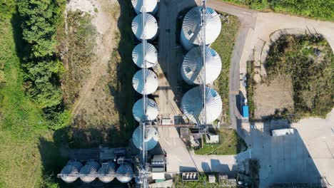 over head view of large industrial silos