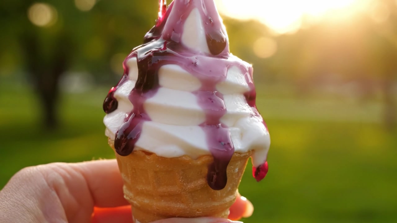 Disfrutando de la Dicha Cremosa: Un Tentador Cono de Helado Cubierto de Dulces Aderezos, Capturado en el Resplandor Dorado del Atardecer