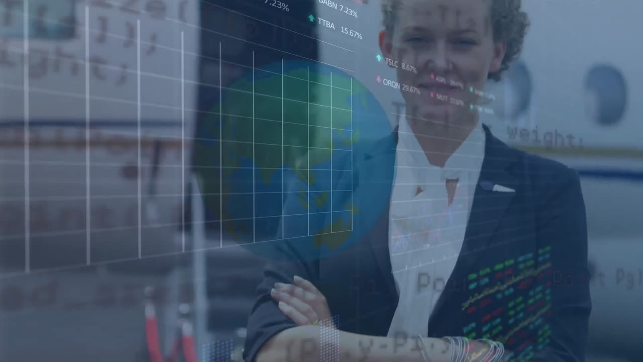 animación del procesamiento de datos sobre una feliz mujer de negocios caucásica con los brazos cruzados