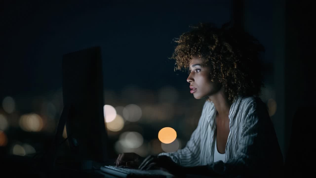 Focused individual working late at night on a computer, illuminated by screen lights and city glow, immersed in thoughts or tasks, embodying concentration and determination