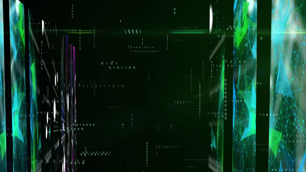 Animation of data processing and shapes on black background