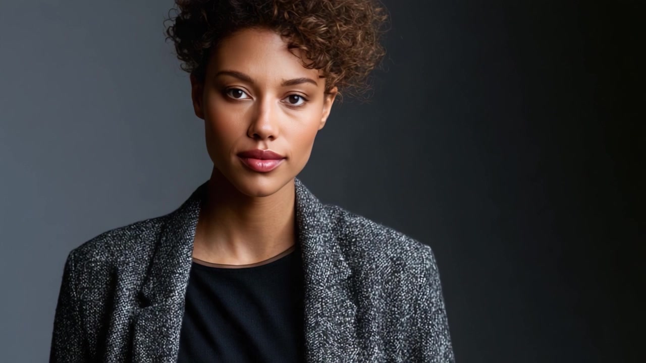 Elegant Portrait of a Confident Woman with Curly Hair, Captured in Stylish Outfit Against a Subtle Background During a Fashion Photoshoot