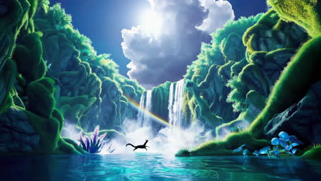 vibrant fantasy waterfall with rainbow