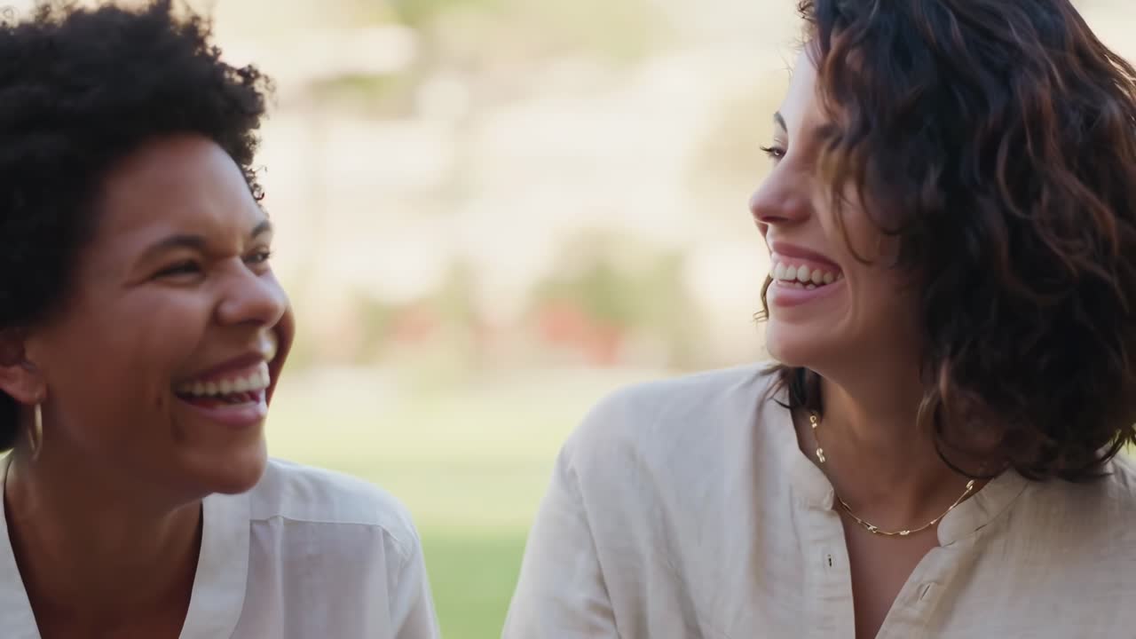 Close-up video of two women laughing outdoors, capturing joy from a side angle