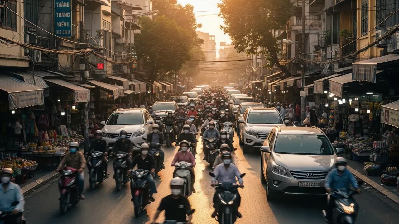Bustling Asian City Street with Heavy Traffic and Motorbikes at Sunset